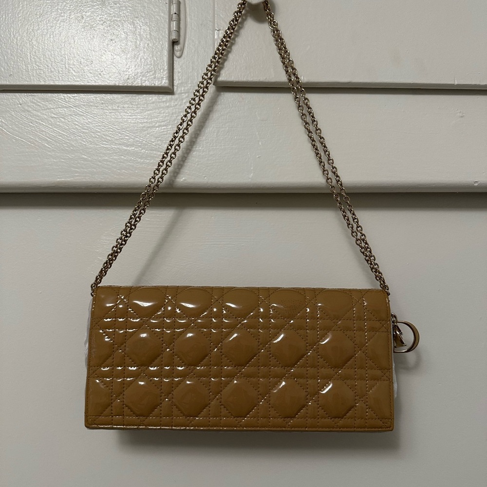 Dior Lady Dior Pouch Clutch Crossbody Chain Bag Long Beige patent Leather